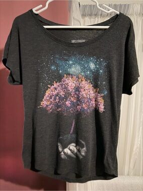 Curbside Clothing Women's Dolman Tee with Pink Floral Tree/Hands/Universe/Life
